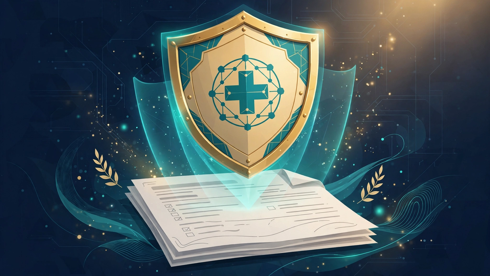 A gold protective shield with a teal medical cross over a document, on a deep navy background