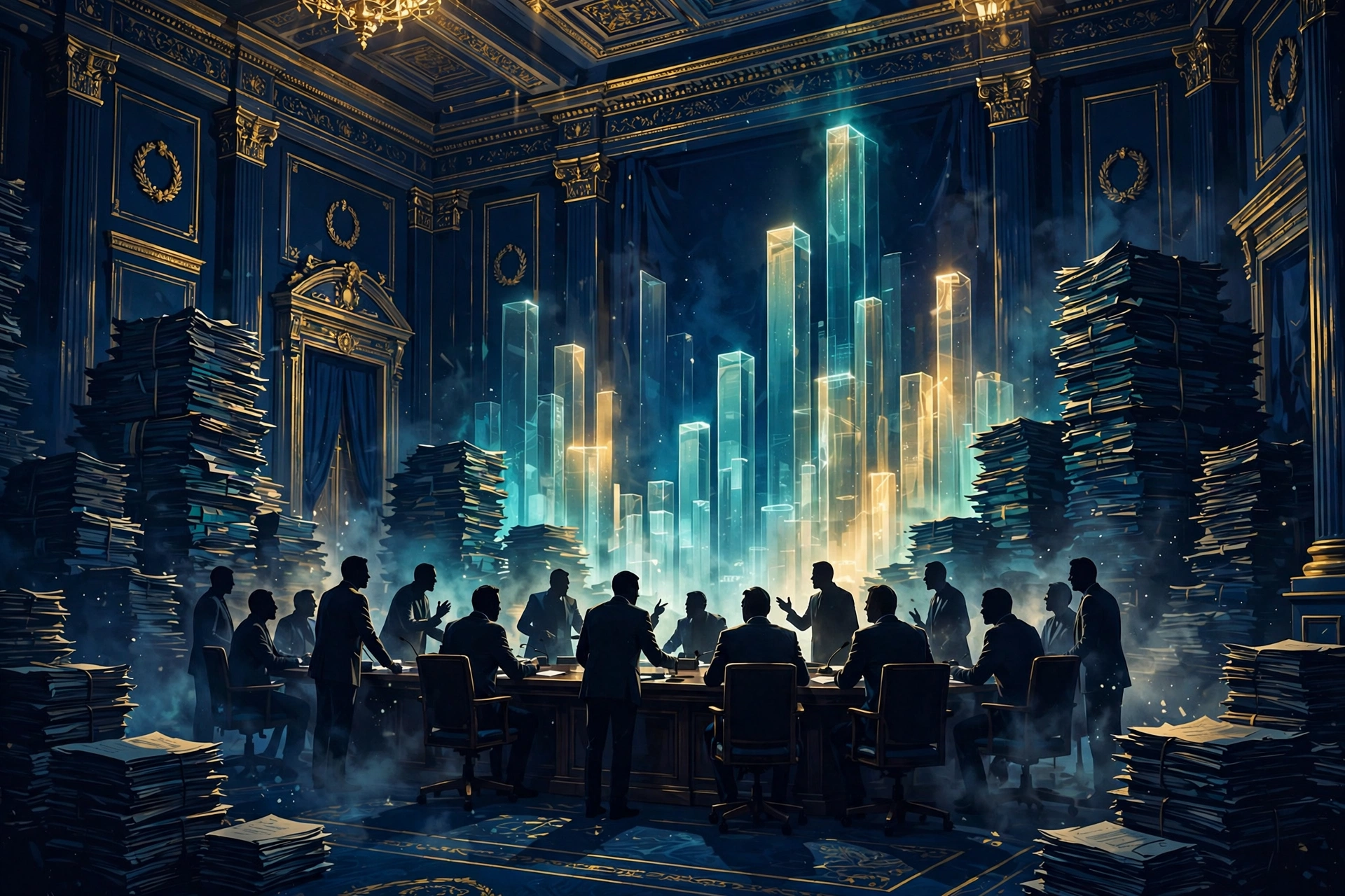 Officials convened around a table as towering stacks of dispute documents and data charts rise behind them