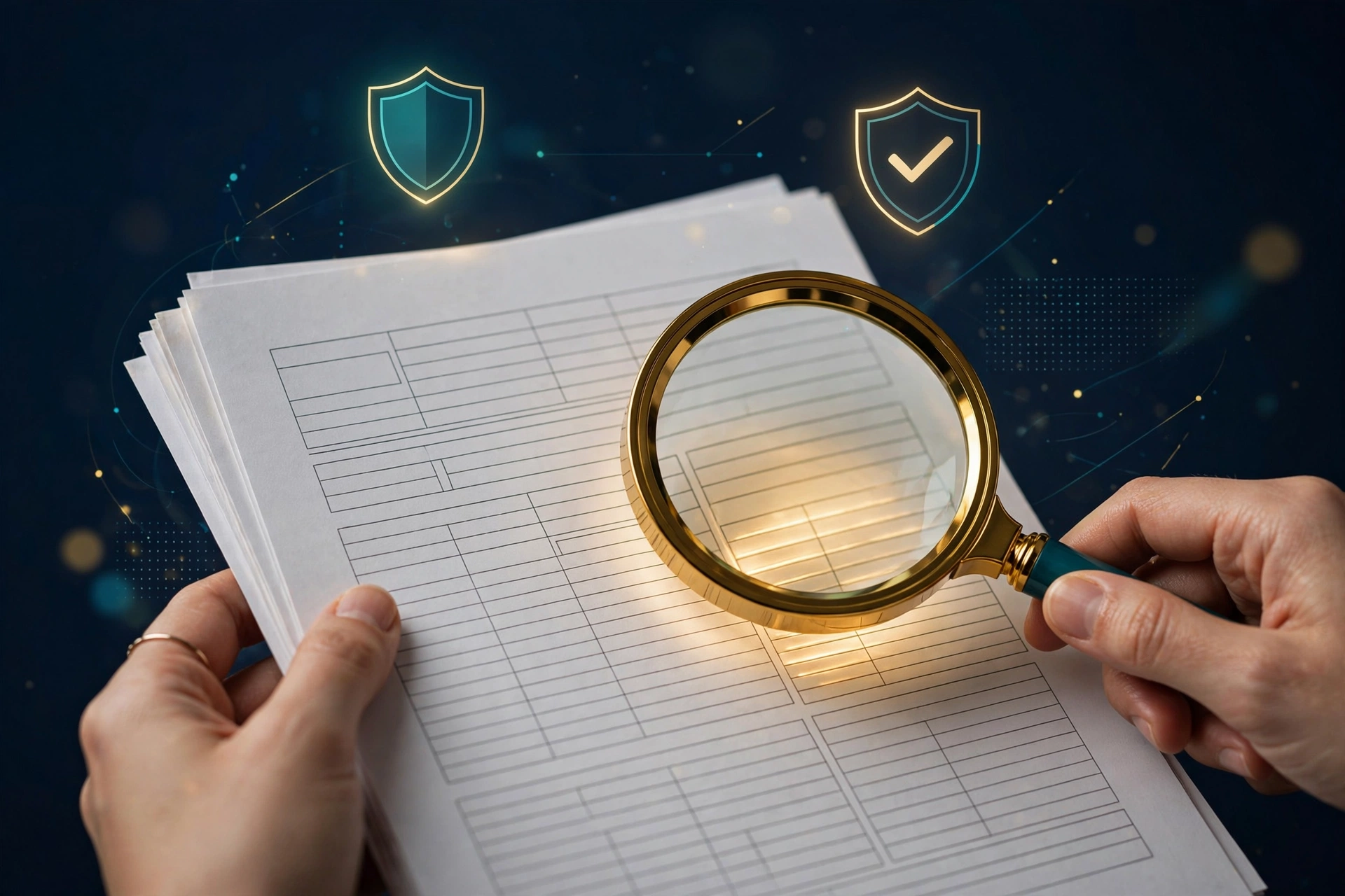 Hands reviewing billing documents under a magnifying glass with shield icons overhead