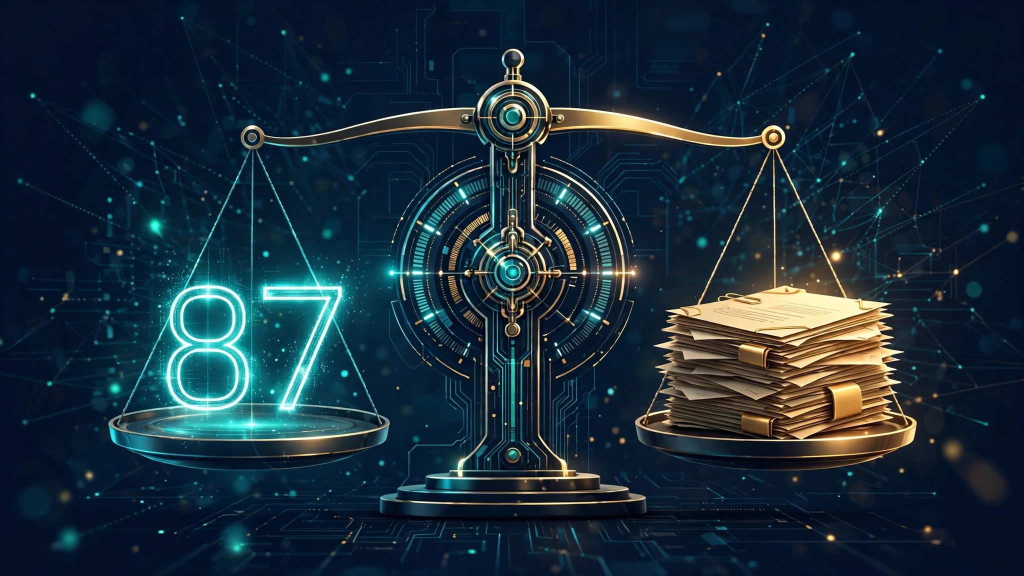 A balance scale weighing a glowing number against a stack of evidence documents, on a deep navy background with gold and teal accents
